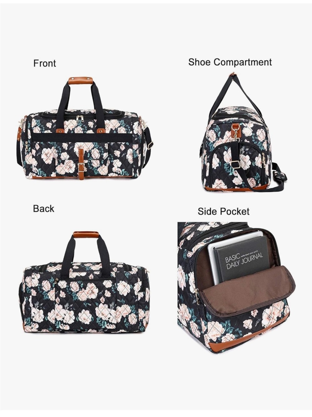Floral Quilted Weekender Duffle Bag - Black with Blush Flowers - Picture 3 of 7